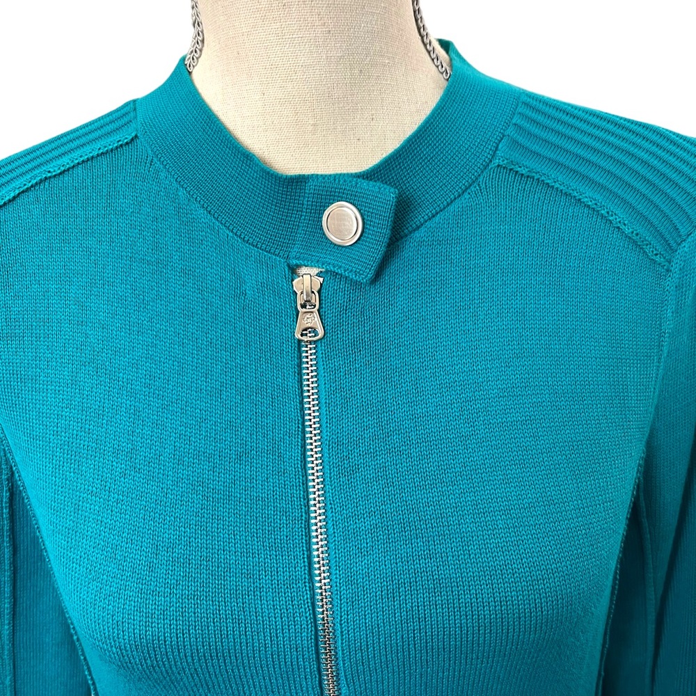 Nanette Lepore Teal Green Cotton Fine Knit Zip Front Cardigan (M) - Picture 6 of 16